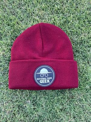 National Park Geek Beanie with Leather Patch - Maroon (includes US shipping, via USPS)